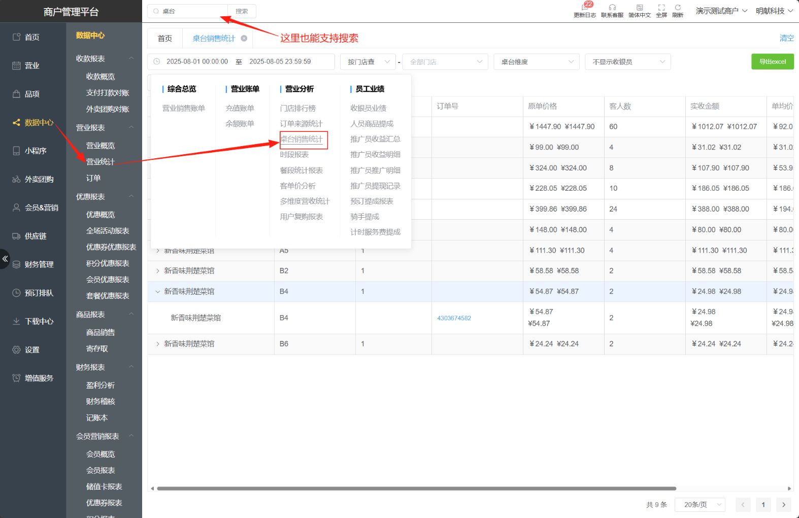 可以按照桌台号查询所有这部分桌台区域点菜的明细吗