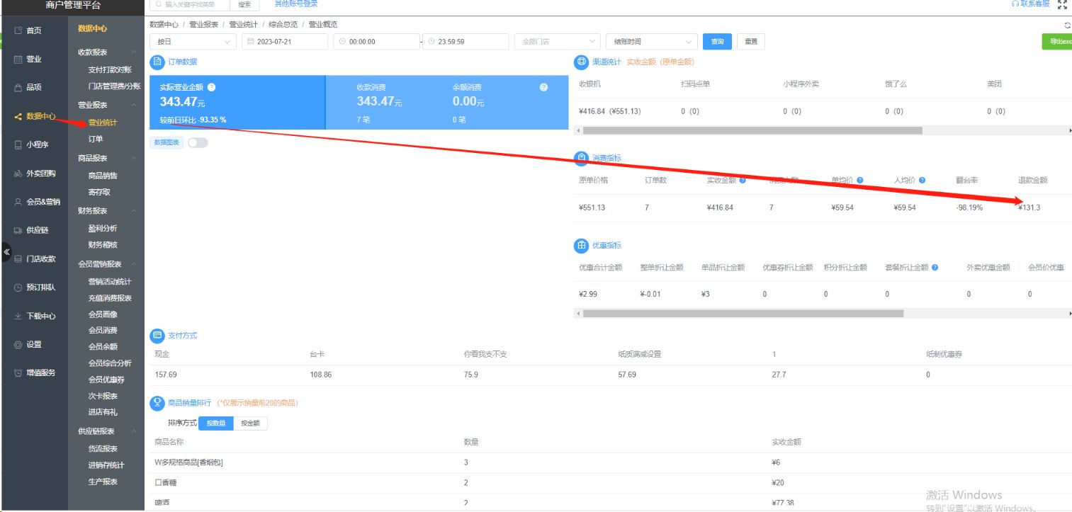 营业概览里面的退款显示的是哪些呢